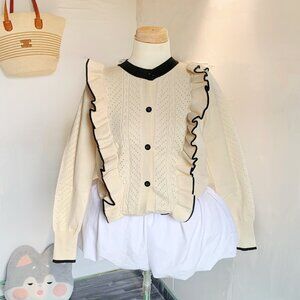 Cream Cable Knit Cardigan Black Ruffle Trim Preppy 🎀